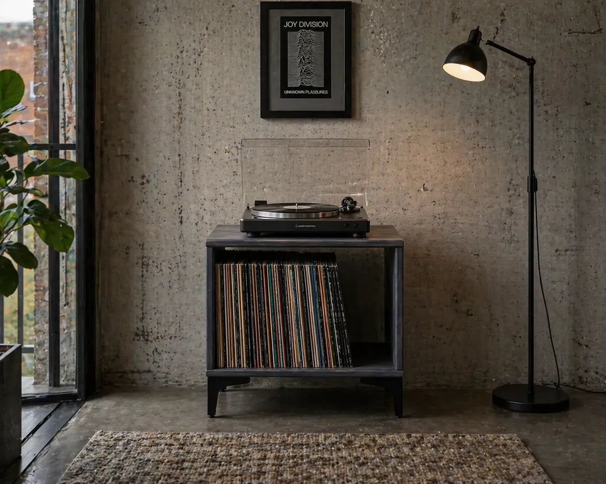 Mueble para Vinilos y Tocadiscos | Madera de pino |Gris | Woodstock