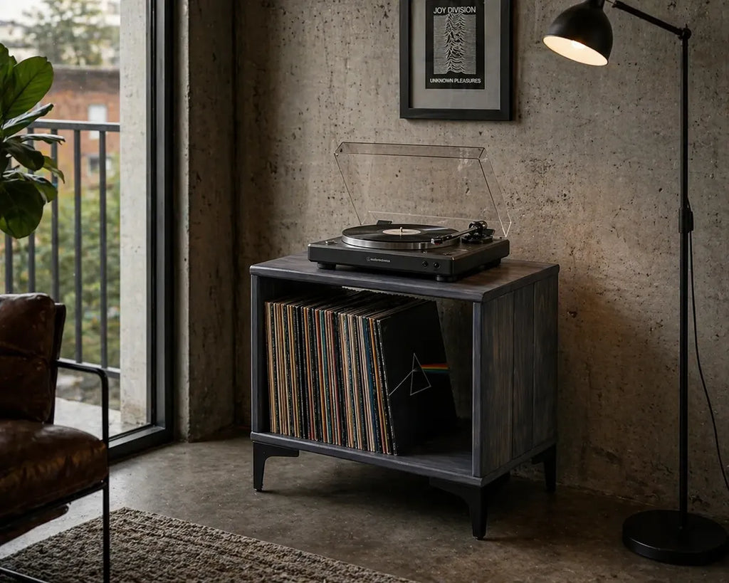 Mueble para Vinilos y Tocadiscos | Madera de pino |Gris | Woodstock