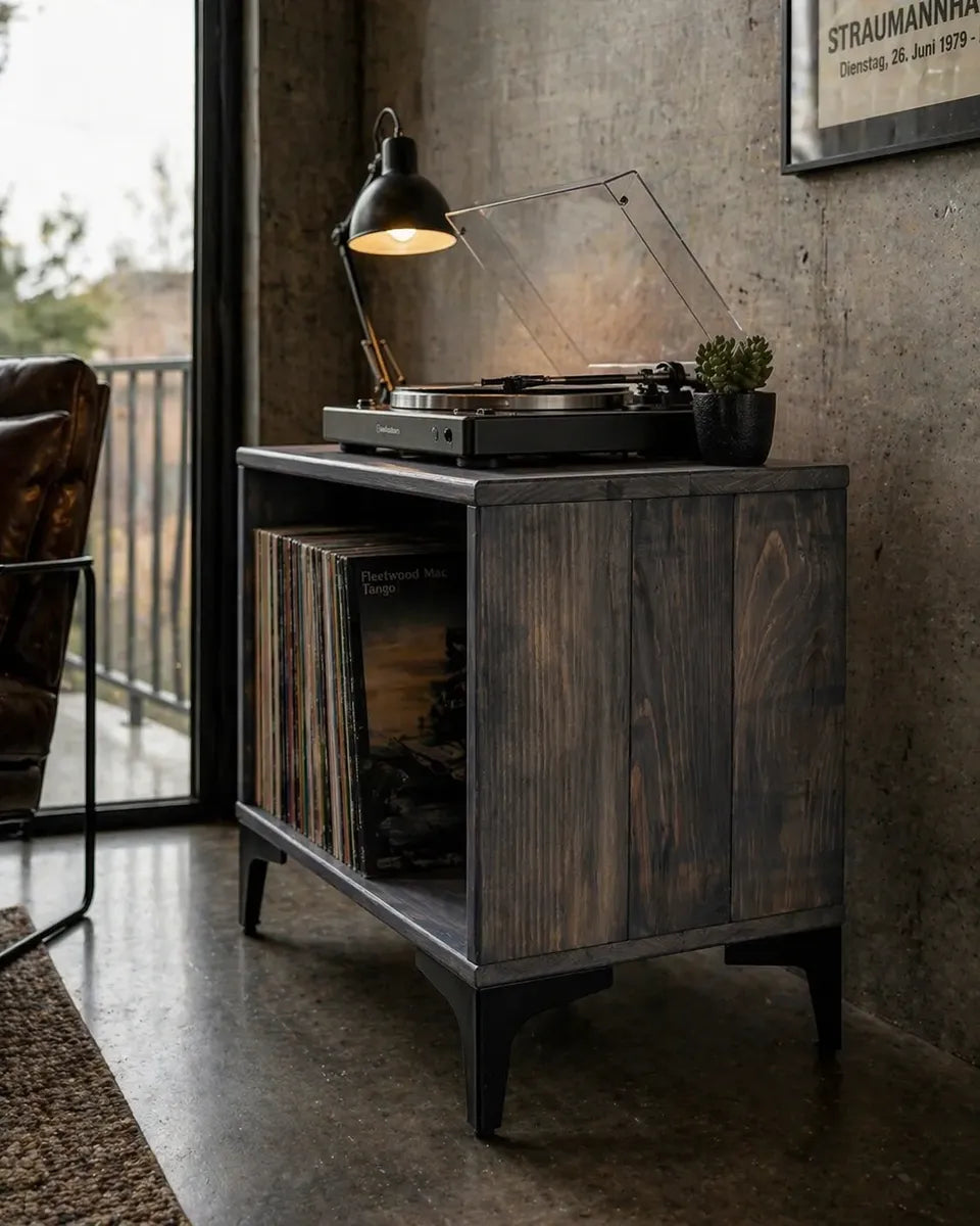 Mueble para Vinilos y Tocadiscos | Madera de pino |Gris | Woodstock
