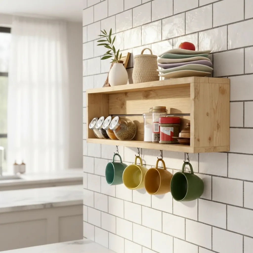 Estante Repisa Rústica para Tazas de Café  | Pino Natural | Woodstock