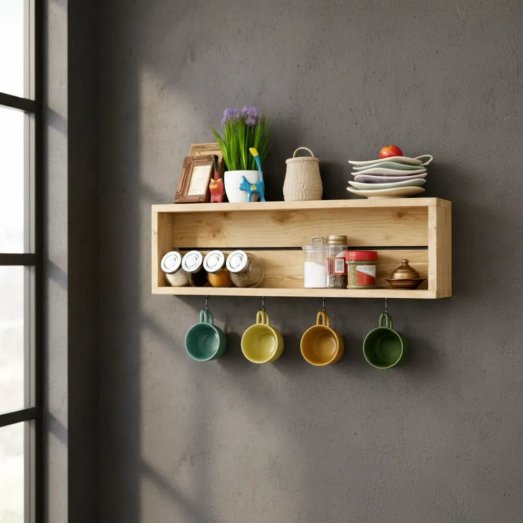 Estante Repisa Rústica para Tazas de Café  | Pino Natural | Woodstock
