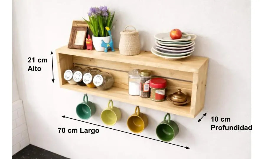 Estante Repisa Rústica para Tazas de Café  | Pino Natural | Woodstock