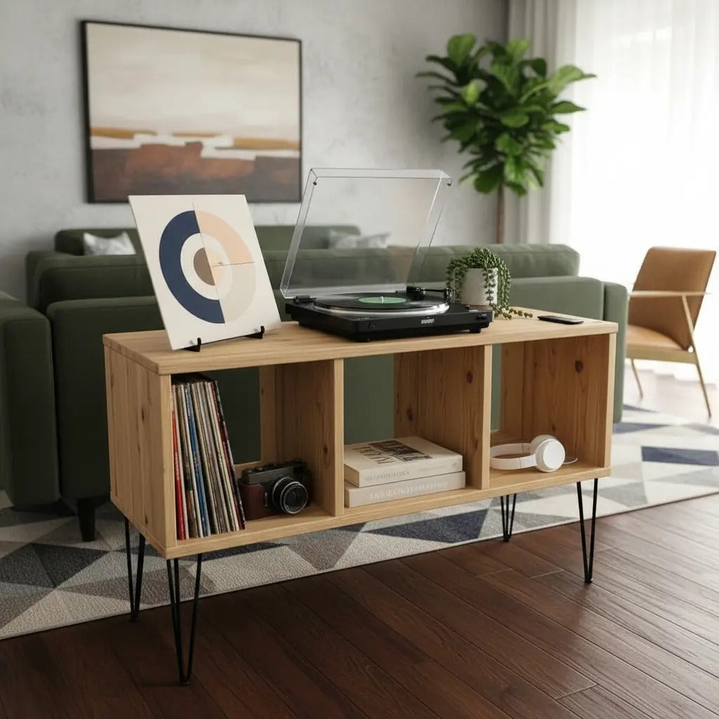 Consola Vintage para Vinilos |Pino Oyamel & Acero 120cm | Woodstock