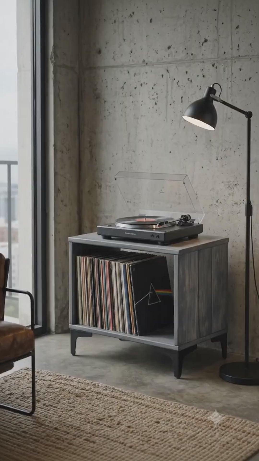Mueble para Vinilos y Tocadiscos | Madera de pino |Gris | Woodstock
